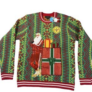 NEW Blizzard Bay‎ HIP HOP Santa Track Suit DRINK HOLDER Ugly Christmas Sweater L